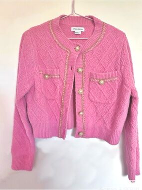Urban Revival Pink Tweed-Style Knit Cardigan Sweater With Gold Accents S